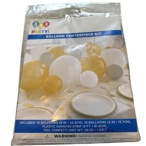 321 Party Balloon Centerpiece Kit – White, Gold & Gray with Foil Confetti – New
